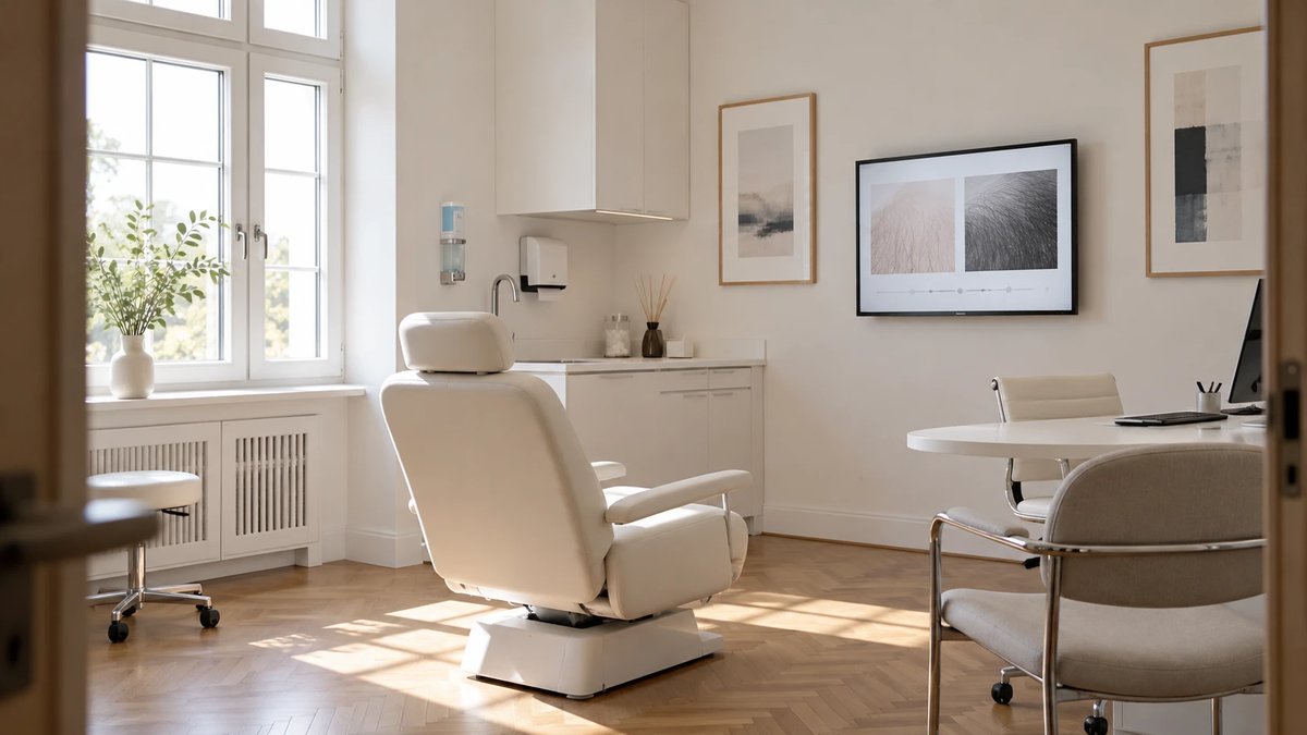 Hair transplant consultation room, long decision cycles need sustained follow-up